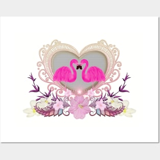 Elegant heart with flamingo and flowers Posters and Art